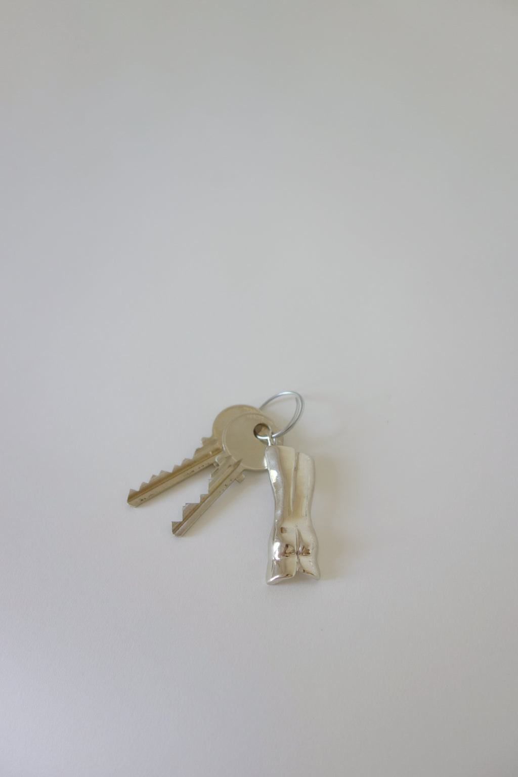 Two keys attached to a silver keychain on a white background
